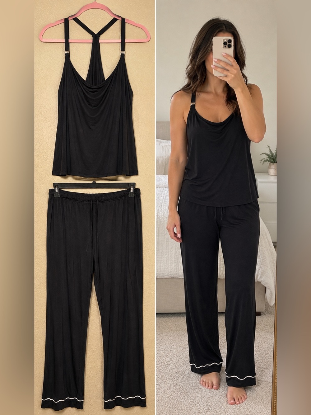 Cosabella Black Draped Camisole with Adjustable Straps & PJ bottoms